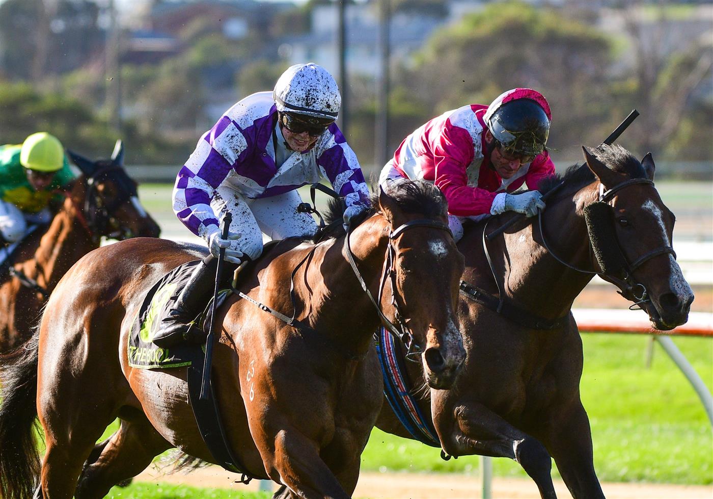 WARRNAMBOOL, AUSTRALIA - MAY 04: Madison Lloyd riding Frankie Pinot defeats Damien Oliver riding Showmanship (3rd place) in Race 8,  the The Midfield Group Wangoom Handicap, during Galleywood Hurdle day at Warrnambool Racing Club on May 04, 2022 in Warrnambool, Australia. (Photo by Vince Caligiuri/Getty Images)