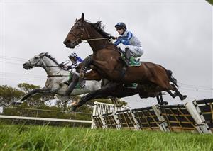 WARRNAMBOOL, AUSTRALIA - MAY 04: Steven Pateman riding Saunter Boy (L) jumps the second last jump with Will Gordon riding St Arnicca (ctr) and Lee Horner riding Out and Dreaming (r) before winning Race 6, the Sovereign Resort Galleywood Hurdle, during Galleywood Hurdle day at Warrnambool Racing Club on May 04, 2022 in Warrnambool, Australia. (Photo by Vince Caligiuri/Getty Images)