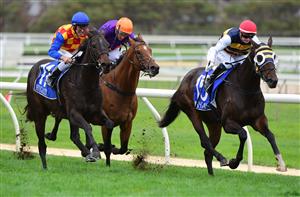 WARRNAMBOOL, AUSTRALIA - MAY 04: Jamie Kah riding Toregene winning Race 2, the Western District Electrical Maiden, during Galleywood Hurdle day at Warrnambool Racing Club on May 04, 2022 in Warrnambool, Australia. (Photo by Vince Caligiuri/Getty Images)