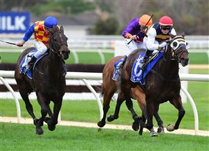 WARRNAMBOOL, AUSTRALIA - MAY 04: Jamie Kah riding Toregene winning Race 2, the Western District Electrical Maiden, during Galleywood Hurdle day at Warrnambool Racing Club on May 04, 2022 in Warrnambool, Australia. (Photo by Vince Caligiuri/Getty Images)