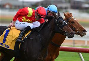 WARRNAMBOOL, AUSTRALIA - MAY 04: John Allen riding Jamarra defeats Damien Oliver riding Yellow Sam in Race 1, the Warrnambool City Volkswagen 2yo Handicap, during Galleywood Hurdle day at Warrnambool Racing Club on May 04, 2022 in Warrnambool, Australia. (Photo by Vince Caligiuri/Getty Images)