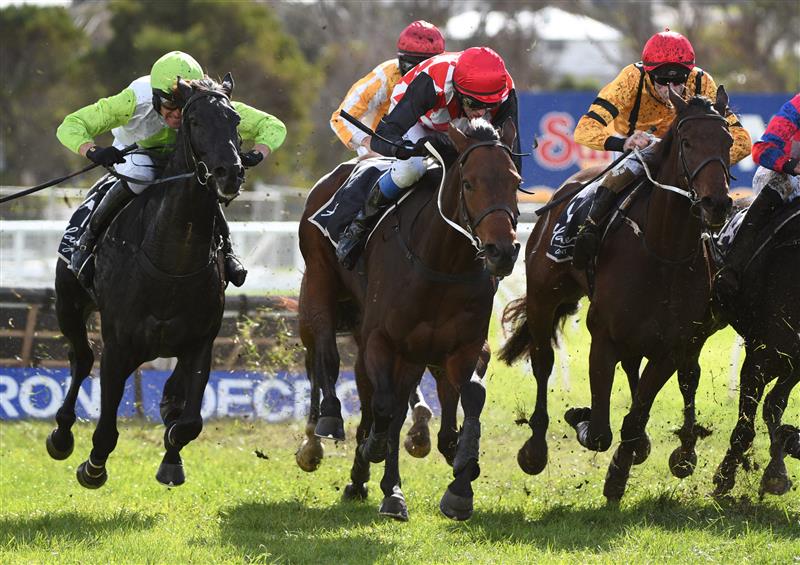 WARRNAMBOOL, AUSTRALIA - MAY 05: Darryl Horner (Jnr) riding El Diez (r) before winning Race 1, the Hammonds Paints Champion Novice Hurdle, during Grand Annual day at Warrnambool Racing Club on May 05, 2022 in Warrnambool, Australia. (Photo by Vince Caligiuri/Getty Images)