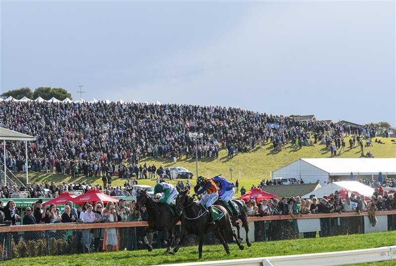 WARRNAMBOOL, AUSTRALIA - MAY 05:  William McCarthy riding Heberite (ctr) defeating Police Camp and Eyes are Blue in Race 7, the Lyndoch Living Grand Annual Steeplechase, during Grand Annual day at Warrnambool Racing Club on May 05, 2022 in Warrnambool, Australia. (Photo by Vince Caligiuri/Getty Images)