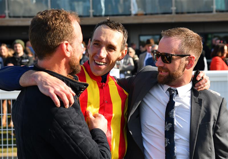 WARRNAMBOOL, AUSTRALIA - MAY 05: (L-R) Trainer Ciaron Maher, William McCarthy and Declan Maher after Heberite won Race 7, the Lyndoch Living Grand Annual Steeplechase, during Grand Annual day at Warrnambool Racing Club on May 05, 2022 in Warrnambool, Australia. (Photo by Vince Caligiuri/Getty Images)