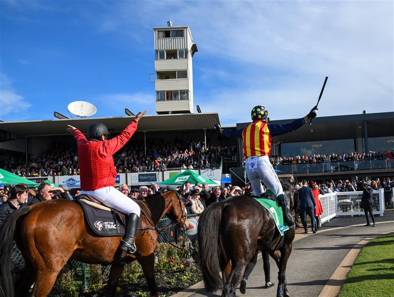WARRNAMBOOL, AUSTRALIA - MAY 05:  William McCarthy riding Heberite after winning Race 7, the Lyndoch Living Grand Annual Steeplechase, during Grand Annual day at Warrnambool Racing Club on May 05, 2022 in Warrnambool, Australia. (Photo by Vince Caligiuri/Getty Images)