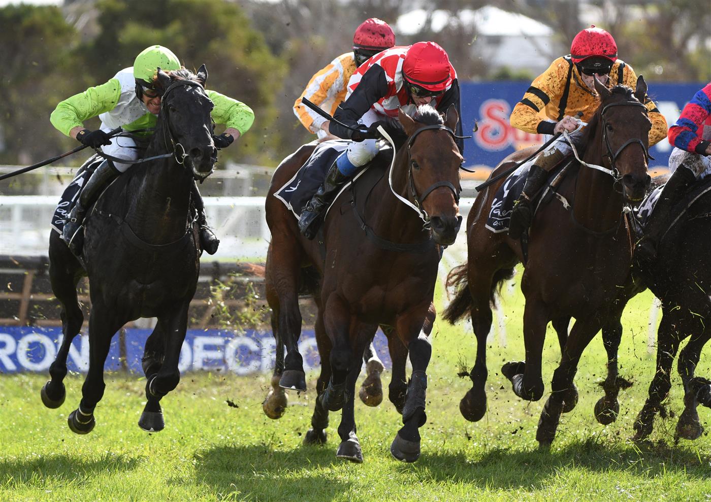 WARRNAMBOOL, AUSTRALIA - MAY 05: Darryl Horner (Jnr) riding El Diez (r) before winning Race 1, the Hammonds Paints Champion Novice Hurdle, during Grand Annual day at Warrnambool Racing Club on May 05, 2022 in Warrnambool, Australia. (Photo by Vince Caligiuri/Getty Images)