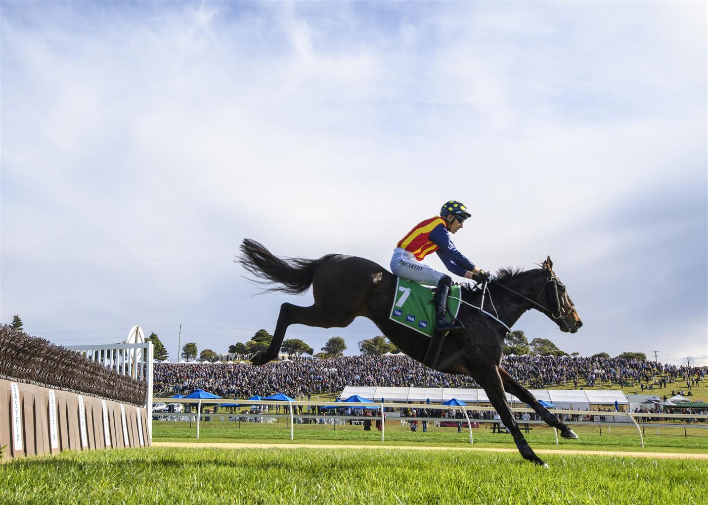 WARRNAMBOOL, AUSTRALIA - MAY 05:  William McCarthy riding Heberite jumping during win in Race 7, the Lyndoch Living Grand Annual Steeplechase, during Grand Annual day at Warrnambool Racing Club on May 05, 2022 in Warrnambool, Australia. (Photo by Vince Caligiuri/Getty Images)