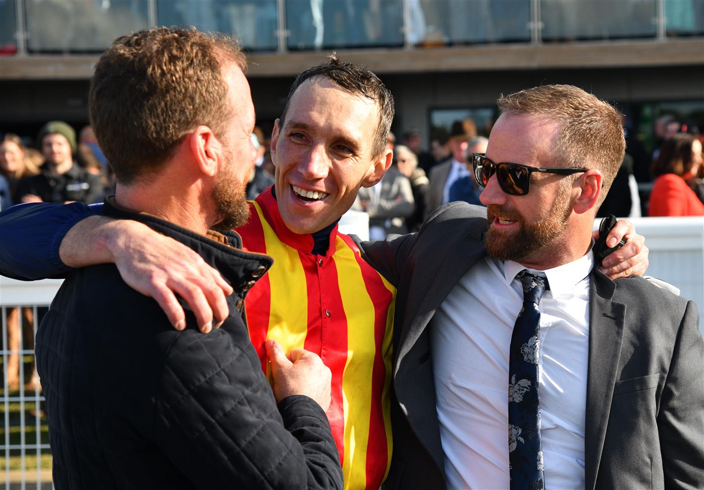 WARRNAMBOOL, AUSTRALIA - MAY 05: (L-R) Trainer Ciaron Maher, William McCarthy and Declan Maher after Heberite won Race 7, the Lyndoch Living Grand Annual Steeplechase, during Grand Annual day at Warrnambool Racing Club on May 05, 2022 in Warrnambool, Australia. (Photo by Vince Caligiuri/Getty Images)
