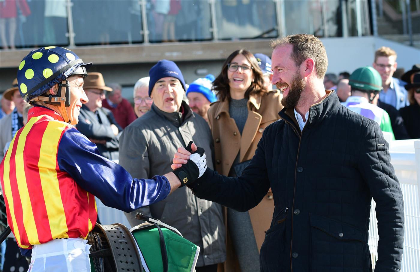 WARRNAMBOOL, AUSTRALIA - MAY 05: Trainer Ciaron Maher and William McCarthy after Heberite won Race 7, the Lyndoch Living Grand Annual Steeplechase, during Grand Annual day at Warrnambool Racing Club on May 05, 2022 in Warrnambool, Australia. (Photo by Vince Caligiuri/Getty Images)