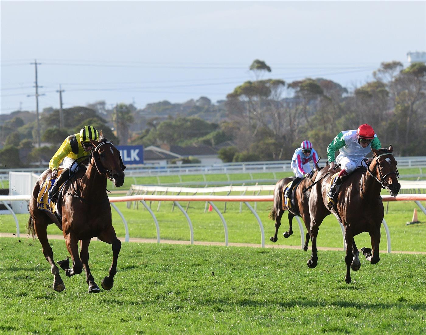 WARRNAMBOOL, AUSTRALIA - MAY 05: Beau Mertens riding Witchachar Star defeats Regan Bayliss riding Nerve Not Verve in Race 9, the Sungold Milk Warrnambool Cup, during Grand Annual day at Warrnambool Racing Club on May 05, 2022 in Warrnambool, Australia. (Photo by Vince Caligiuri/Getty Images)