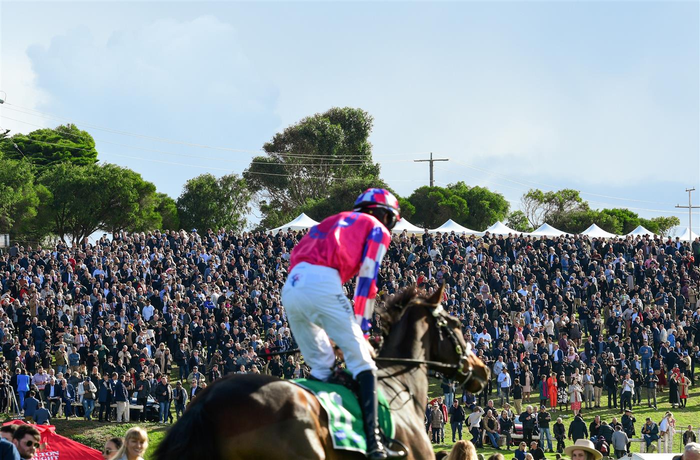 WARRNAMBOOL, AUSTRALIA - MAY 05:  Richard O'Donoghue on My King's Counsel on the way to the start of the Lyndoch Living Grand Annual Steeplechase, during Grand Annual day at Warrnambool Racing Club on May 05, 2022 in Warrnambool, Australia. (Getty)