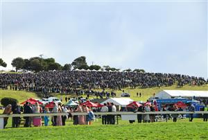 WARRNAMBOOL, AUSTRALIA - MAY 05: General view of huge crowd on the hill before Race 7, the Lyndoch Living Grand Annual Steeplechase, during Grand Annual day at Warrnambool Racing Club on May 05, 2022 in Warrnambool, Australia. (Photo by Vince Caligiuri/Getty Images)