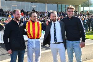 WARRNAMBOOL, AUSTRALIA - MAY 05: (L-R) Trainer Ciaron Maher, William McCarthy, Declan Maher and David Eustace after Heberite won Race 7, the Lyndoch Living Grand Annual Steeplechase, during Grand Annual day at Warrnambool Racing Club on May 05, 2022 in Warrnambool, Australia. (Photo by Vince Caligiuri/Getty Images)