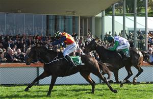 WARRNAMBOOL, AUSTRALIA - MAY 05: William McCarthy riding Heberite winning Race 7, the Lyndoch Living Grand Annual Steeplechase, during Grand Annual day at Warrnambool Racing Club on May 05, 2022 in Warrnambool, Australia. (Photo by Vince Caligiuri/Getty Images)