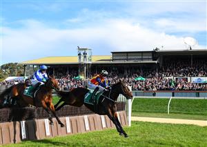 WARRNAMBOOL, AUSTRALIA - MAY 05: William McCarthy riding Heberite (r) jumping during win in Race 7, the Lyndoch Living Grand Annual Steeplechase, during Grand Annual day at Warrnambool Racing Club on May 05, 2022 in Warrnambool, Australia. (Photo by Vince Caligiuri/Getty Images)