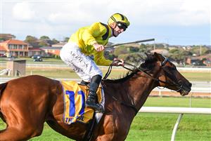 WARRNAMBOOL, AUSTRALIA - MAY 05: Beau Mertens riding Witchachar Star winning Race 9, the Sungold Milk Warrnambool Cup, during Grand Annual day at Warrnambool Racing Club on May 05, 2022 in Warrnambool, Australia. (Photo by Vince Caligiuri/Getty Images)