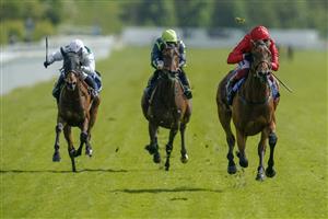 YORK, ENGLAND - MAY 11: Frankie Dettori riding Emily Upjohn (red) win The Tattersalls Musidora Stakes at York Racecourse on May 11, 2022 in York, England. (Photo by Alan Crowhurst/Getty Images)