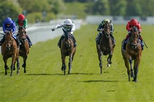 YORK, ENGLAND - MAY 11: Frankie Dettori riding Emily Upjohn (red) win The Tattersalls Musidora Stakes at York Racecourse on May 11, 2022 in York, England. (Photo by Alan Crowhurst/Getty Images)