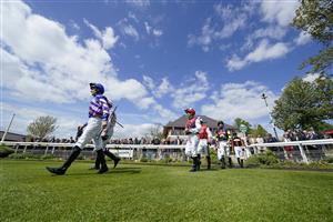 YORK, ENGLAND - MAY 12: Jack Duern leads the jockeys into the parade ring before riding Fine Wine to win The Paddy Power