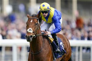 YORK, ENGLAND - MAY 12: Richard Kingscote riding Desert Crown win The Al Basti Equiworld Dubai Dante Stakes at York Racecourse on May 12, 2022 in York, England. (Photo by Alan Crowhurst/Getty Images)