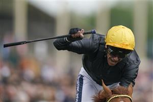 YORK, ENGLAND - MAY 13: Frankie Dettori celebrates victory as he rides Stradivarius to win The Paddy Power Yorkshire Cup Stakes at York Racecourse on May 13, 2022 in York, England. (Photo by Alan Crowhurst/Getty Images)