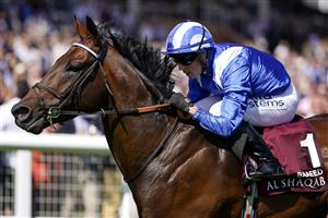 NEWBURY, ENGLAND - MAY 14: Jim Crowley riding Baaeed win The Al Shaqab Lockinge Stakes at Newbury Racecourse on May 14, 2022 in Newbury, England. (Photo by Alan Crowhurst/Getty Images)