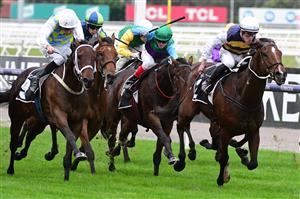 MELBOURNE, AUSTRALIA - MAY 14: Patrick Moloney riding Hezashocka winning Race 5, the 2022 Lexus Melbourne Cup Tour Handicap, during Melbourne Racing at Flemington Racecourse on May 14, 2022 in Melbourne, Australia. (Photo by Vince Caligiuri/Getty Images)