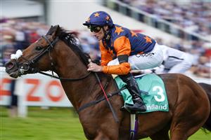 EPSOM, ENGLAND - JUNE 03: Daniel Tudhope riding Ever Given win The Poundland Surrey Stakes during Ladies Day at Epsom Racecourse on June 03, 2022 in Epsom, England. (Photo by Alan Crowhurst/Getty Images)