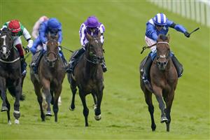 EPSOM, ENGLAND - JUNE 03: Jim Crowley riding Hukum (R) win The Dahlbury Coronation Cup during Ladies Day at Epsom Racecourse on June 03, 2022 in Epsom, England. (Photo by Alan Crowhurst/Getty Images)