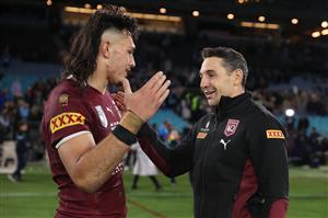 SYDNEY, AUSTRALIA - JUNE 08: Tino Fa’asuamaleaui of the Maroons and Maroons head coach Billy Slater celebrate victory after game one of the 2022 State of Origin series between the New South Wales Blues and the Queensland Maroons at Accor Stadium on June 08, 2022, in Sydney, Australia. (Photo by Mark Kolbe/Getty Images)