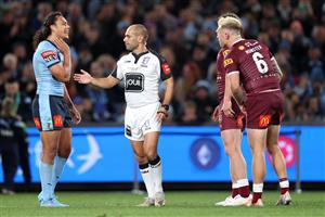 SYDNEY, AUSTRALIA - JUNE 08: Jarome Luai of the Blues and Cameron Munster of the Maroons exchange words during game one of the 2022 State of Origin series between the New South Wales Blues and the Queensland Maroons at Accor Stadium on June 08, 2022 in Sydney, Australia. (Photo by Cameron Spencer/Getty Images)