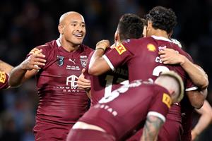 SYDNEY, AUSTRALIA - JUNE 08: Felise Kaufusi of the Maroons celebrates victory during game one of the 2022 State of Origin series between the New South Wales Blues and the Queensland Maroons at Accor Stadium on June 08, 2022 in Sydney, Australia. (Photo by Cameron Spencer/Getty Images)