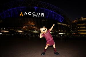 SYDNEY, AUSTRALIA - JUNE 08: A Maroons mascot poses ahead of game one of the 2022 State of Origin series between the New South Wales Blues and the Queensland Maroons at Accor Stadium on June 08, 2022 in Sydney, Australia. (Photo by Cameron Spencer/Getty Images)
