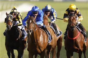 SYDNEY, AUSTRALIA - JUNE 11: Chad Schofield on Siege (blue) wins race 6 the Celebration Of women In Racing Handicap during Sydney Racing at Royal Randwick Racecourse on June 11, 2022 in Sydney, Australia. (Photo by Mark Evans/Getty Images)