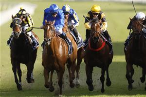 SYDNEY, AUSTRALIA - JUNE 11: Chad Schofield on Siege (blue) wins race 6 the Celebration Of women In Racing Handicap during Sydney Racing at Royal Randwick Racecourse on June 11, 2022 in Sydney, Australia. (Photo by Mark Evans/Getty Images)