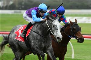 MELBOURNE, AUSTRALIA - JUNE 11: Jordan Childs riding Visinari defeats Thomas Stockdale riding Chief Altony in Race 7, the Ladbrokes Mega Multi Handicap, during Melbourne Racing at Sandown Hillside on June 11, 2022 in Melbourne, Australia. (Photo by Vince Caligiuri/Getty Images)
