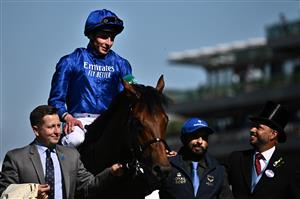 Jockey William Buick riding Coroebus celebrates after winning the St James's Palace Stakes during Royal Ascot 2022 at Ascot Racecourse on June 14, 2022 in Ascot, England. (Getty)