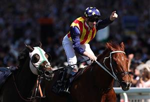 ASCOT, ENGLAND - JUNE 14: James McDonald riding Nature Strip celebrates victory in the The King's Stand Stakes during Royal Ascot 2022 at Ascot Racecourse on June 14, 2022 in Ascot, England. (Photo by Ryan Pierse/Getty Images)