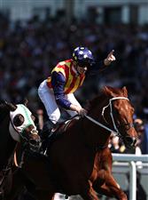 ASCOT, ENGLAND - JUNE 14: James McDonald riding Nature Strip celebrates victory in the The King's Stand Stakes during Royal Ascot 2022 at Ascot Racecourse on June 14, 2022 in Ascot, England. (Photo by Ryan Pierse/Getty Images)