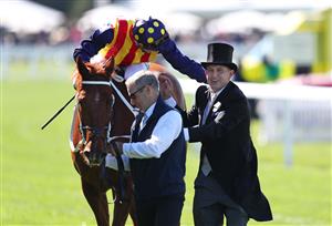 ASCOT, ENGLAND - JUNE 14: James McDonald celebrates with trainer Chris Waller on board Nature Strip as they win The King's Stand Stakes during Royal Ascot 2022 at Ascot Racecourse on June 14, 2022 in Ascot, England. (Getty)