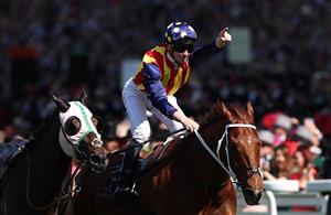 ASCOT, ENGLAND - JUNE 14: James McDonald riding Nature Strip celebrates victory in the The King's Stand Stakes during Royal Ascot 2022 at Ascot Racecourse on June 14, 2022 in Ascot, England. (Photo by Ryan Pierse/Getty Images)