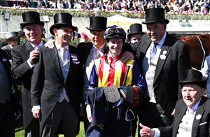 ASCOT, ENGLAND - JUNE 14: James McDonald riding Nature Strip celebrates victory in the The King's Stand Stakes with trainer Chris Waller during Royal Ascot 2022 at Ascot Racecourse on June 14, 2022 in Ascot, England. (Photo by Ryan Pierse/Getty Images)