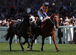 ASCOT, ENGLAND - JUNE 14: James McDonald riding Nature Strip celebrates victory in the The King's Stand Stakes during Royal Ascot 2022 at Ascot Racecourse on June 14, 2022 in Ascot, England. (Photo by Ryan Pierse/Getty Images)