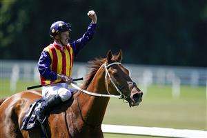ASCOT, ENGLAND - JUNE 14: James McDonald celebrates after riding Nature Strip to win The King's Stand Stakes during Royal Ascot 2022 at Ascot Racecourse on June 14, 2022 in Ascot, England. (Getty)