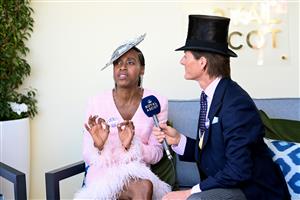 ASCOT, ENGLAND - JUNE 14: Susan Bender Whitfield and Scott Wimsett chat during Royal Ascot 2022 at Ascot Racecourse on June 18, 2022 in Ascot, England. (Photo by Eamonn M. McCormack/Getty Images for Ascot Racecourse)