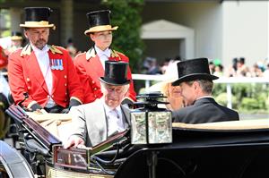 ASCOT, ENGLAND - JUNE 15: The Prince of Wales with The Duchess of Cornwall in the royal procession during Royal Ascot 2022 at Ascot Racecourse on June 15, 2022 in Ascot, England. (Photo by Eamonn M. McCormack/Getty Images for Ascot Racecourse)