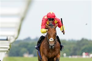 ASCOT, ENGLAND - JUNE 15: Shane Crosse celebrates as he rides State Of Rest to win The Prince Of Wales