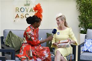 ASCOT, ENGLAND - JUNE 15: Susan Bender Whitfield interviews Rosie Nixon during Royal Ascot 2022 at Ascot Racecourse on June 18, 2022 in Ascot, England. (Photo by Kirstin Sinclair/Getty Images for Royal Ascot)