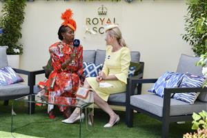 ASCOT, ENGLAND - JUNE 15: Susan Bender Whitfield interviews Rosie Nixon during Royal Ascot 2022 at Ascot Racecourse on June 18, 2022 in Ascot, England. (Photo by Kirstin Sinclair/Getty Images for Royal Ascot)