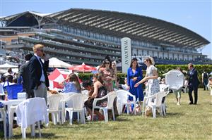 ASCOT, ENGLAND - JUNE 15: A general view inside the Windsor Enclosure during Royal Ascot 2022 at Ascot Racecourse on June 15, 2022 in Ascot, England. (Photo by Eamonn M. McCormack/Getty Images for Ascot Racecourse)
